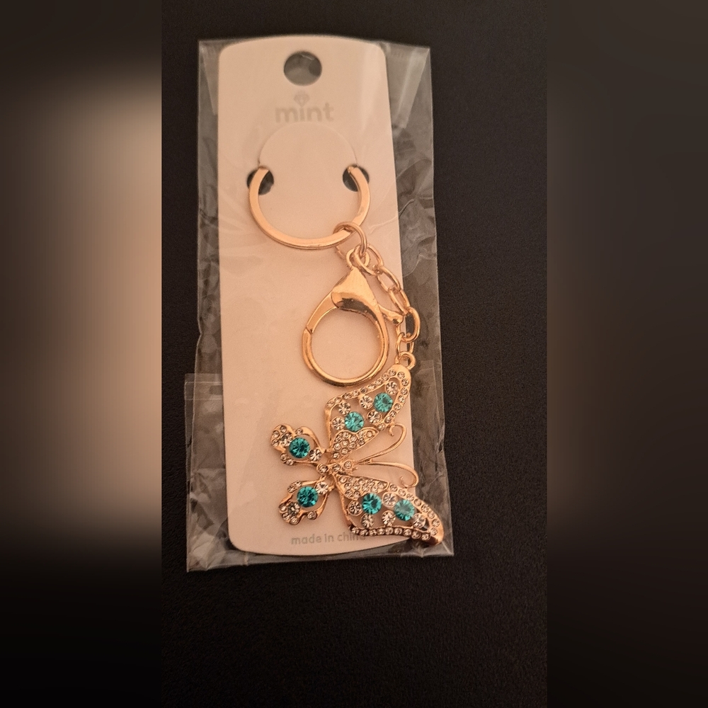 Mint Gold and Teal Gem Butterfly Keychain NWT